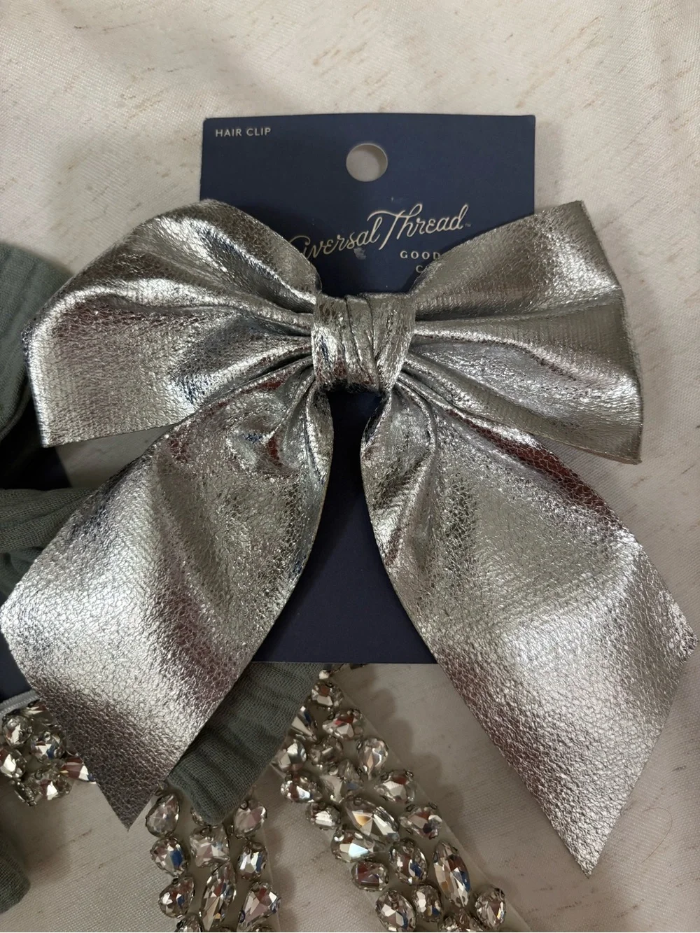 Women's Bow Bundle in Green, Silver, and Silver Faux-Diamonds